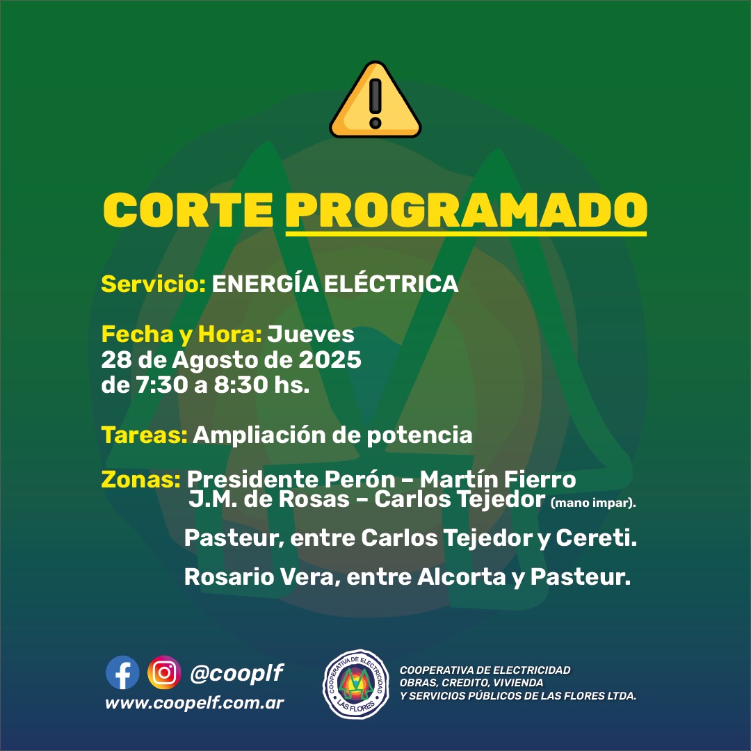 Corte Programado de Energía Eléctrica – Jueves 28 de Agosto de 2025