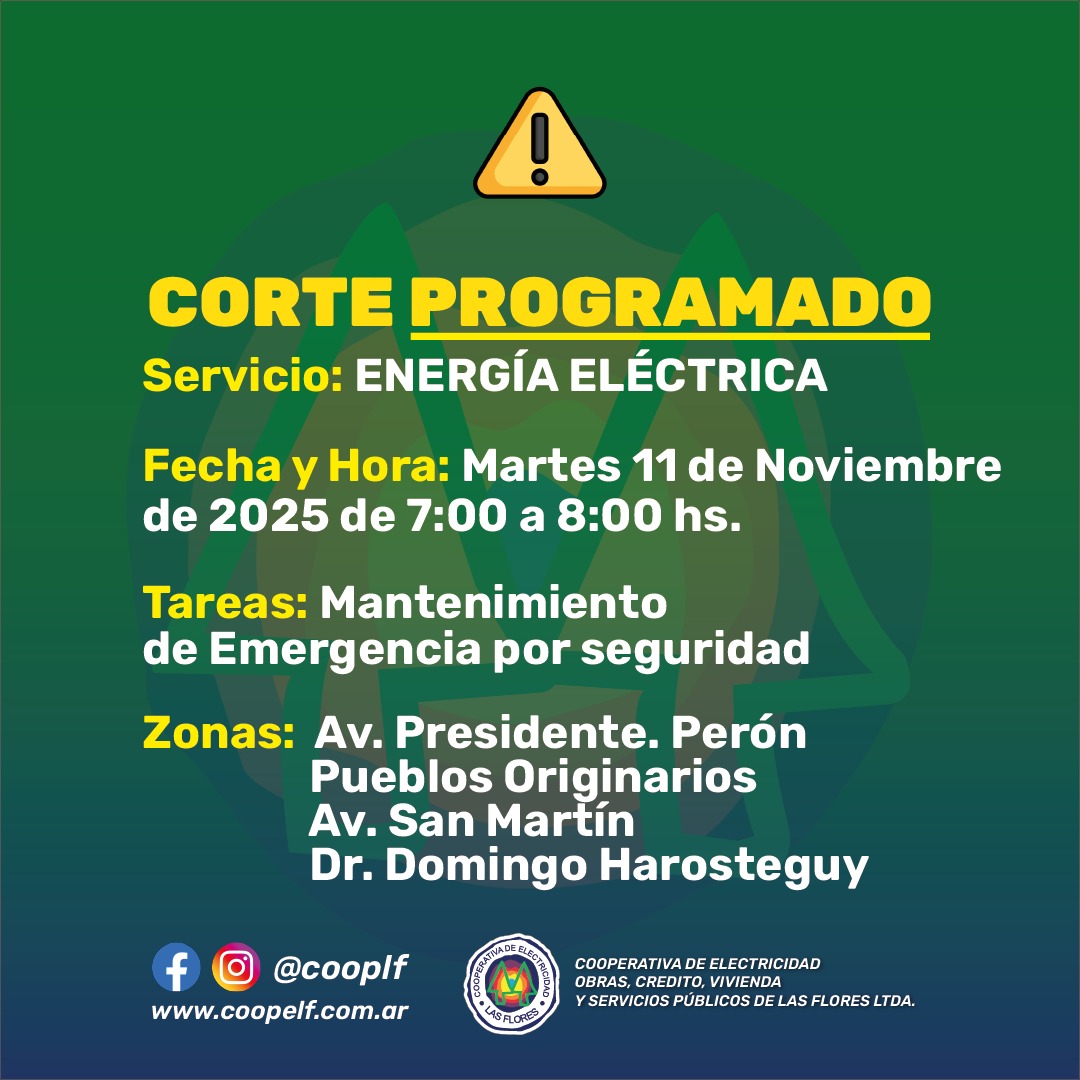 CORTE PROGRAMADO DE ENERGÍA ELÉCTRICA – MARTES 11 DE NOVIEMBRE